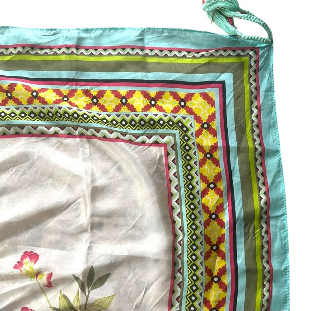 Johnny Was Aqua Multicolor Patterned Silk Scarf with Tassels - Picture 6 of 11